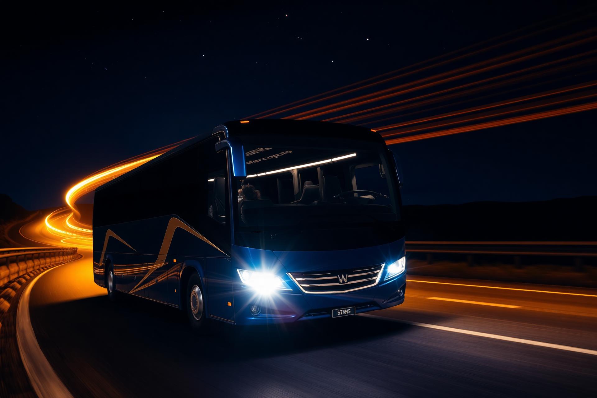 Ônibus Argon em estrada noturna com trilhas de luz